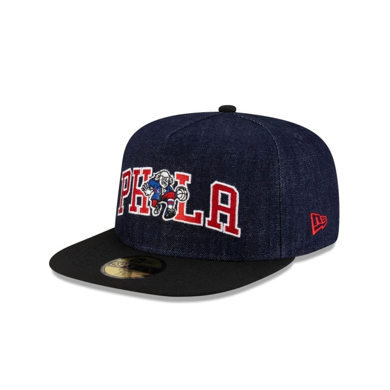 Dunkelblaue 59FIFTY-Mütze mit A-Rahmen der Philadelphia 76ers aus Denim